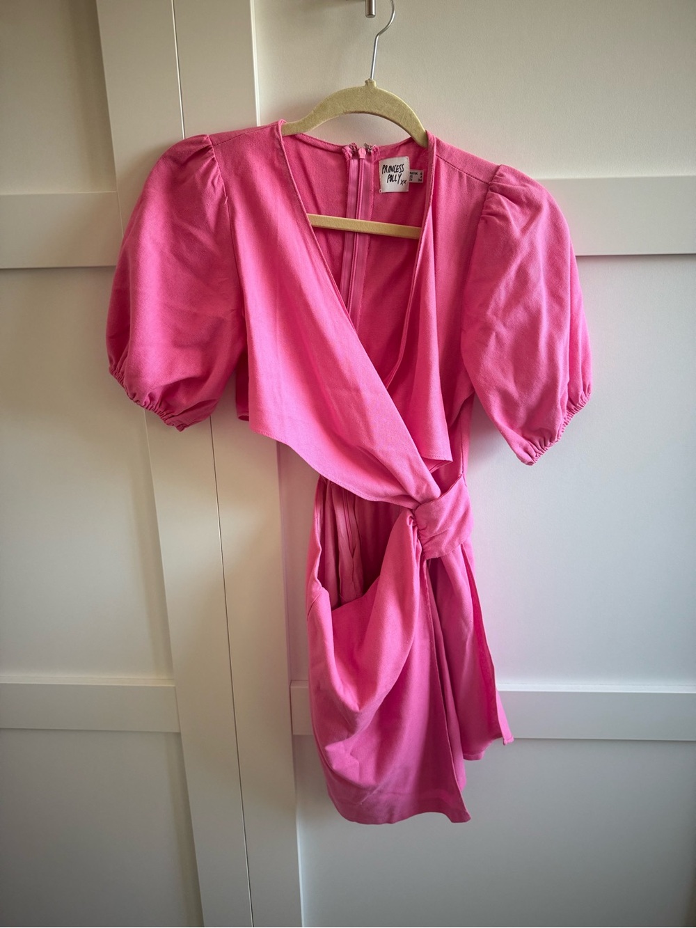 Princess Polly  Pink Wrap Dress with Puff Sleeves and side cut out